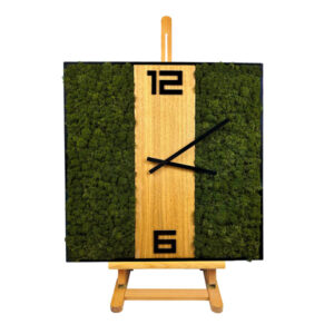 Zegar metalowy z drewnem VERDE LINEA 49 cm z mchem chrobotkiem w kolorze oliwkowym