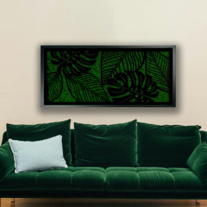 Obraz LEAFMOSS 30 cm x 60 cm liście ażurowe z mchem chrobotkowym ciemnozielonym w czarnej ramie