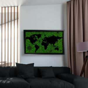 Obraz MAPMOSS WORLD 85 cm x 50 cm mapa świata z mchem chrobotkowym ciemnozielonym w czarnej ramie