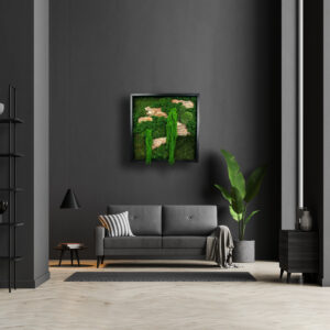 Obraz 50 cm x 50 cm w czarnej ramie z mchem i roślinami stabilizowanymi